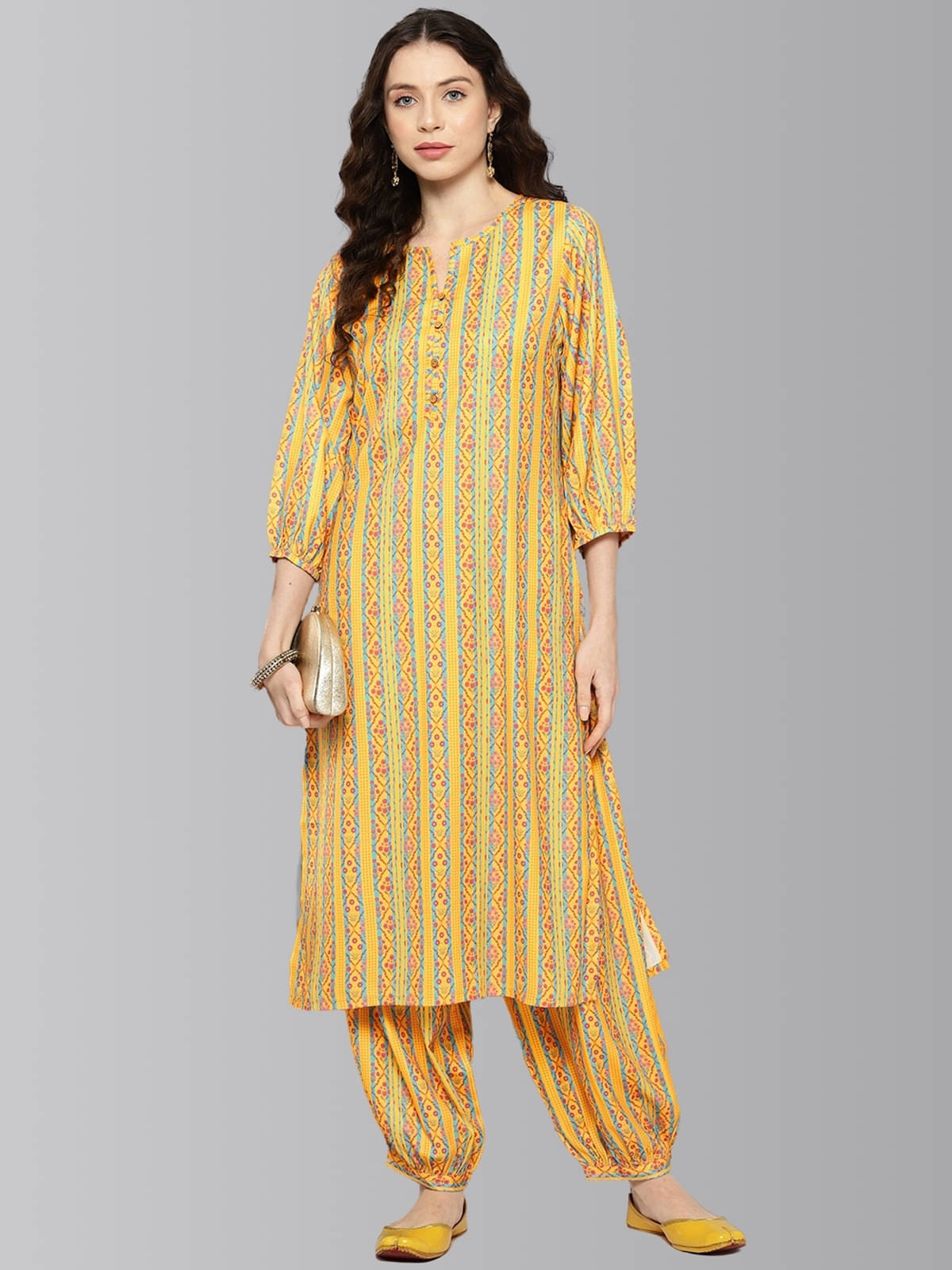 Janasya Polyester Striped Kurti With Pants Women's Stitched Salwar Suit - Yellow ( Pack of 1 ) Janasya Polyester Striped Kurti With Pants Women's Stitched Salwar Suit - Yellow ( Pack of 1 )