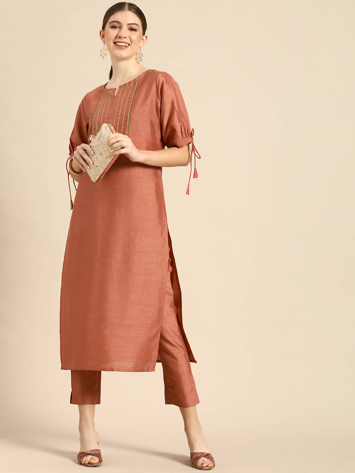     			Janasya Silk Blend Embellished Kurti With Pants Women's Stitched Salwar Suit - Peach ( Pack of 1 )