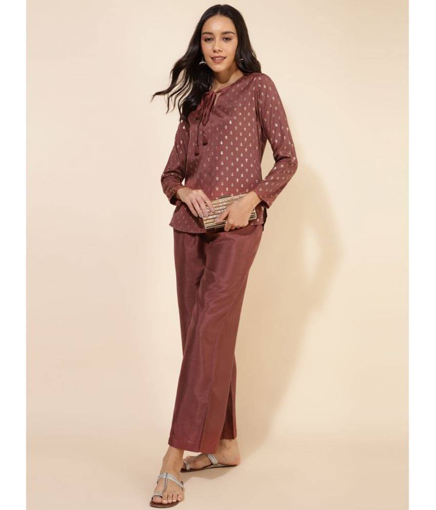Janasya Silk Blend Printed Ethnic Top With Palazzo Women's Stitched Salwar Suit - Brown ( Pack of 1 ) Janasya Silk Blend Printed Ethnic Top With Palazzo Women's Stitched Salwar Suit - Brown ( Pack of 1 )