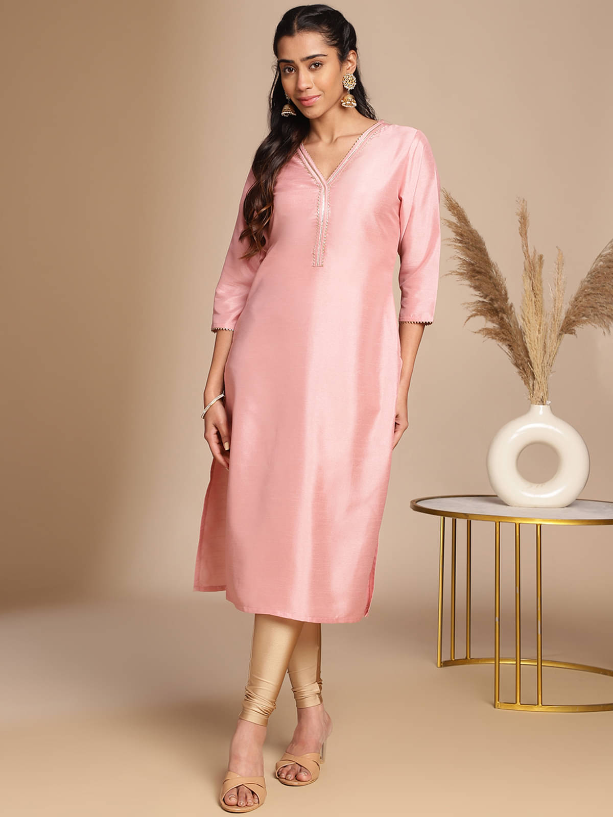 Janasya Silk Blend Solid Straight Women's Kurti - Pink ( Pack of 1 ) Janasya Silk Blend Solid Straight Women's Kurti - Pink ( Pack of 1 )
