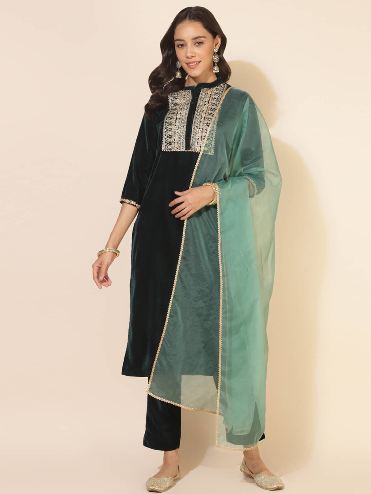     			Janasya Velvet Embellished Kurti With Pants Women's Stitched Salwar Suit - Green ( Pack of 1 )