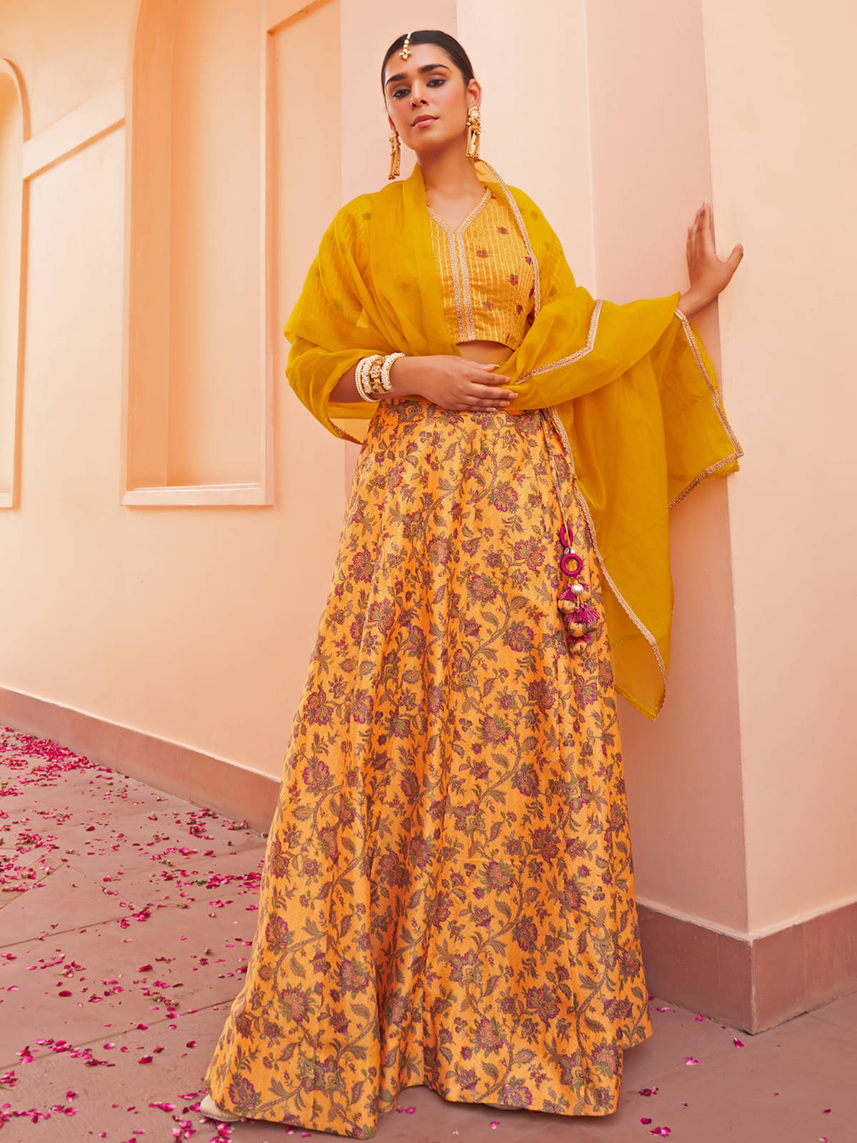     			Janasya Yellow Silk Blends Circular Stitched Lehenga