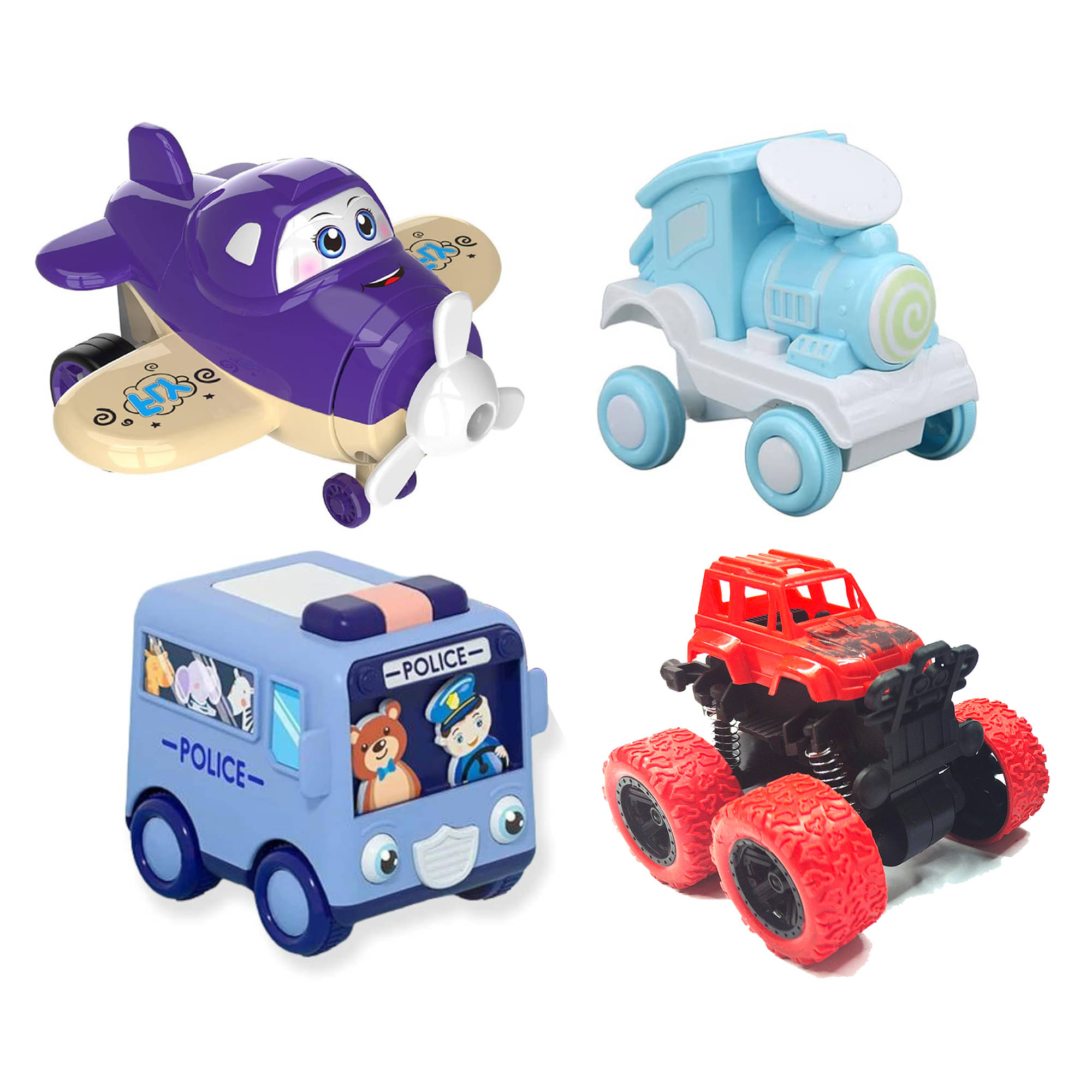 RAINBOW RIDERS Combo of 4 Toy Set (Deform Cartoon Robot Plane & Cartoon Mini Bus & Small Train 360-degree & Mini Monster Car) For Kids Boys Girls Age 2 3+ Years RAINBOW RIDERS Combo of 4 Toy Set (Deform Cartoon Robot Plane & Cartoon Mini Bus & Small Train 360-degree & Mini Monster Car) For Kids Boys Girls Age 2 3+ Years