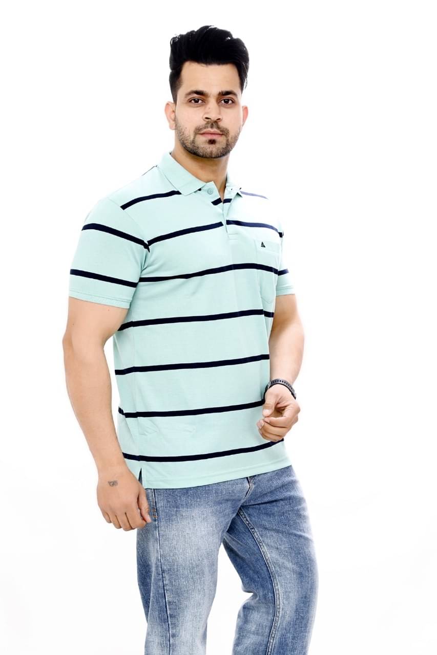 SCOLLER Pack of 1 Cotton Blend Regular Fit Striped Half Sleeves Men's Polo T Shirt ( Sea Green )     			SCOLLER Pack of 1 Cotton Blend Regular Fit Striped Half Sleeves Men's Polo T Shirt ( Sea Green )