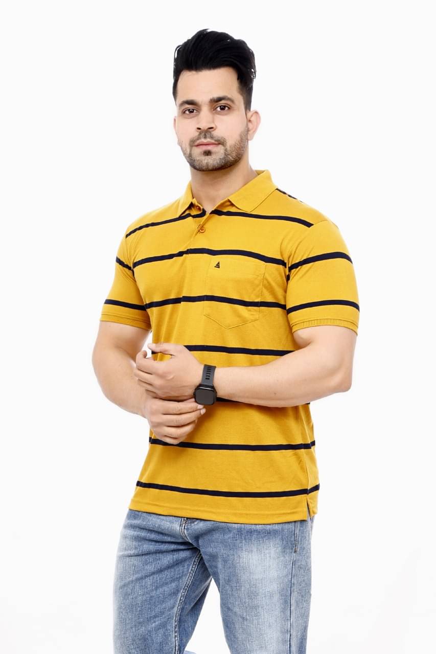 SCOLLER Pack of 1 Cotton Blend Regular Fit Striped Half Sleeves Men's Polo T Shirt ( Mustard ) SCOLLER Pack of 1 Cotton Blend Regular Fit Striped Half Sleeves Men's Polo T Shirt ( Mustard )