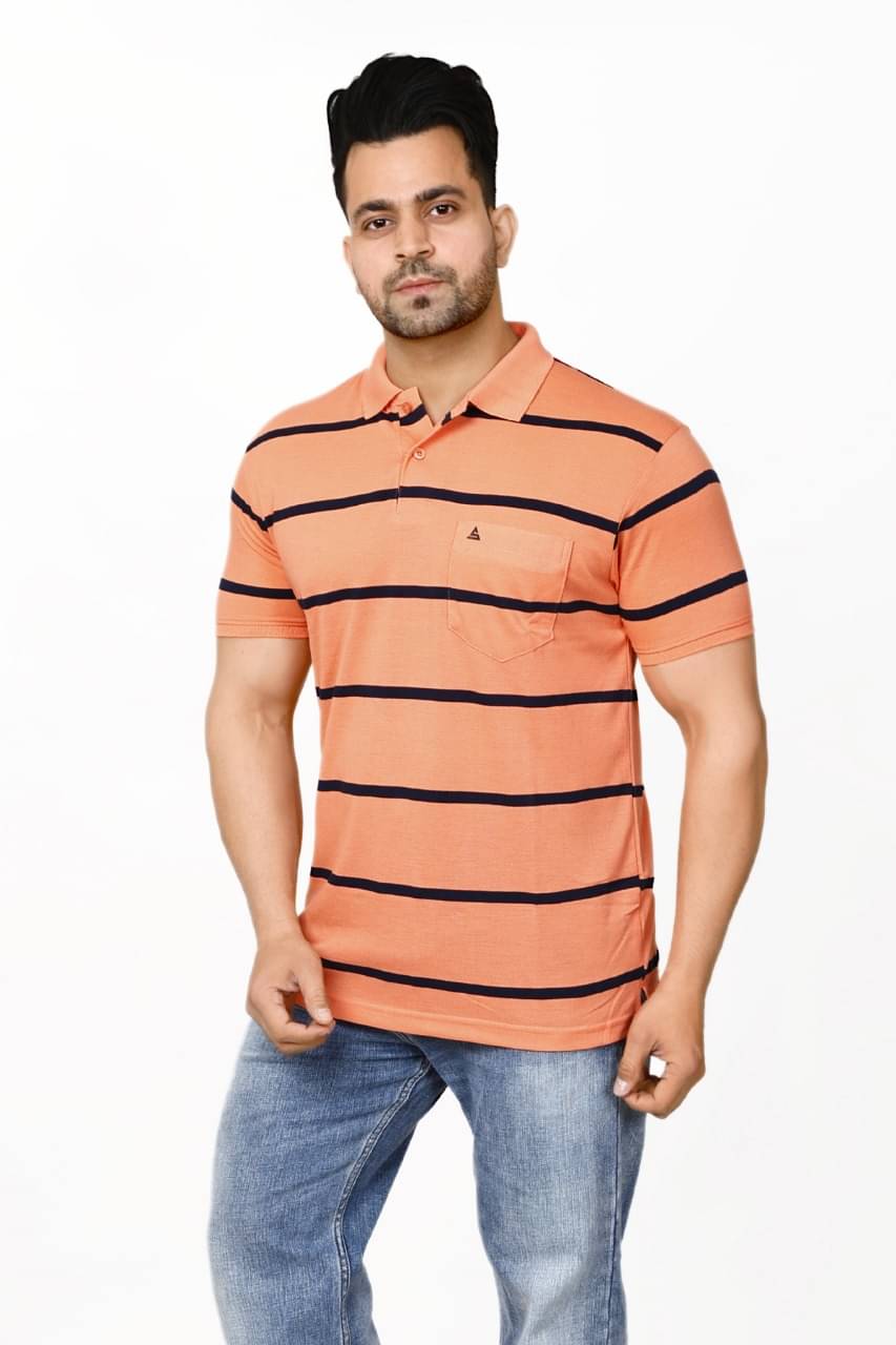 SCOLLER Pack of 1 Cotton Blend Regular Fit Striped Half Sleeves Men's Polo T Shirt ( Peach ) SCOLLER Pack of 1 Cotton Blend Regular Fit Striped Half Sleeves Men's Polo T Shirt ( Peach )