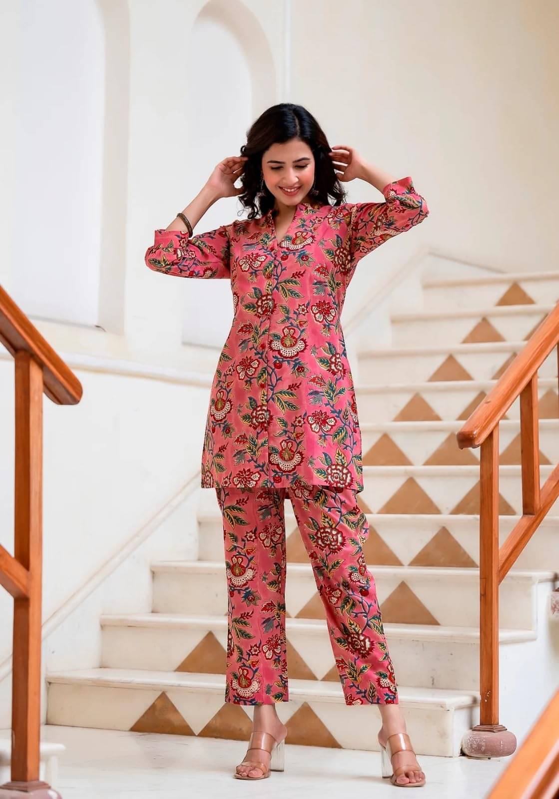    			Trijal Fab Rayon Printed Kurti With Pants Women's Stitched Salwar Suit - Pink ( Pack of 1 )