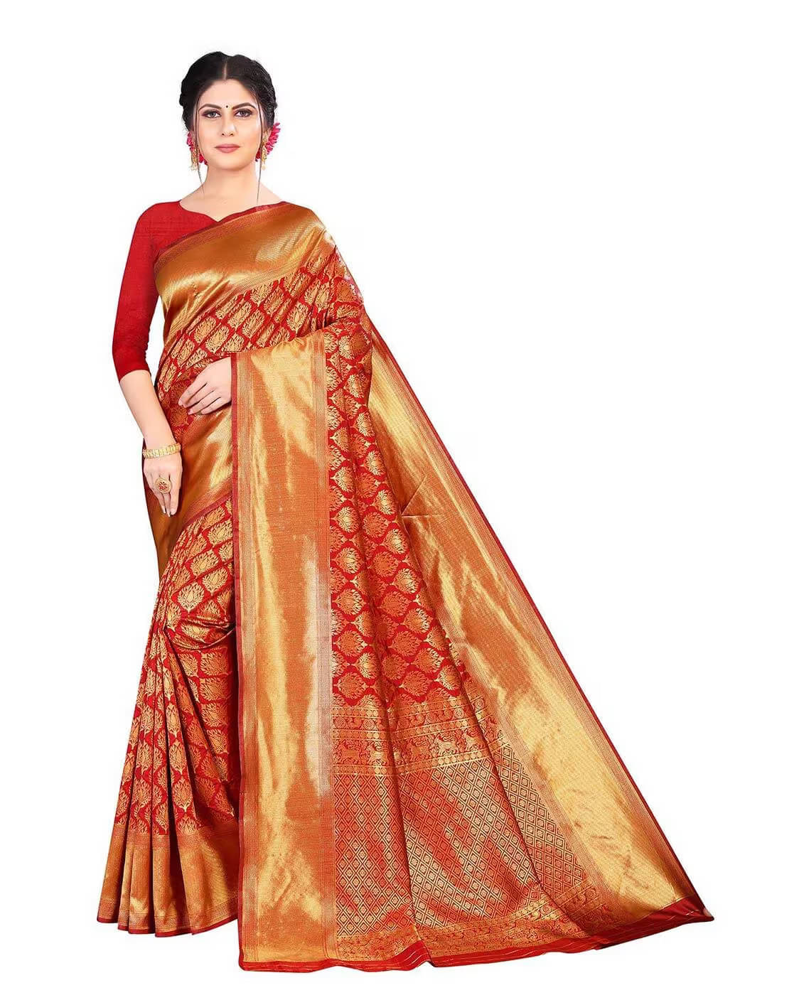     			Yashika Banarasi Silk Printed Saree With Unstitched Blouse Piece ( Red )