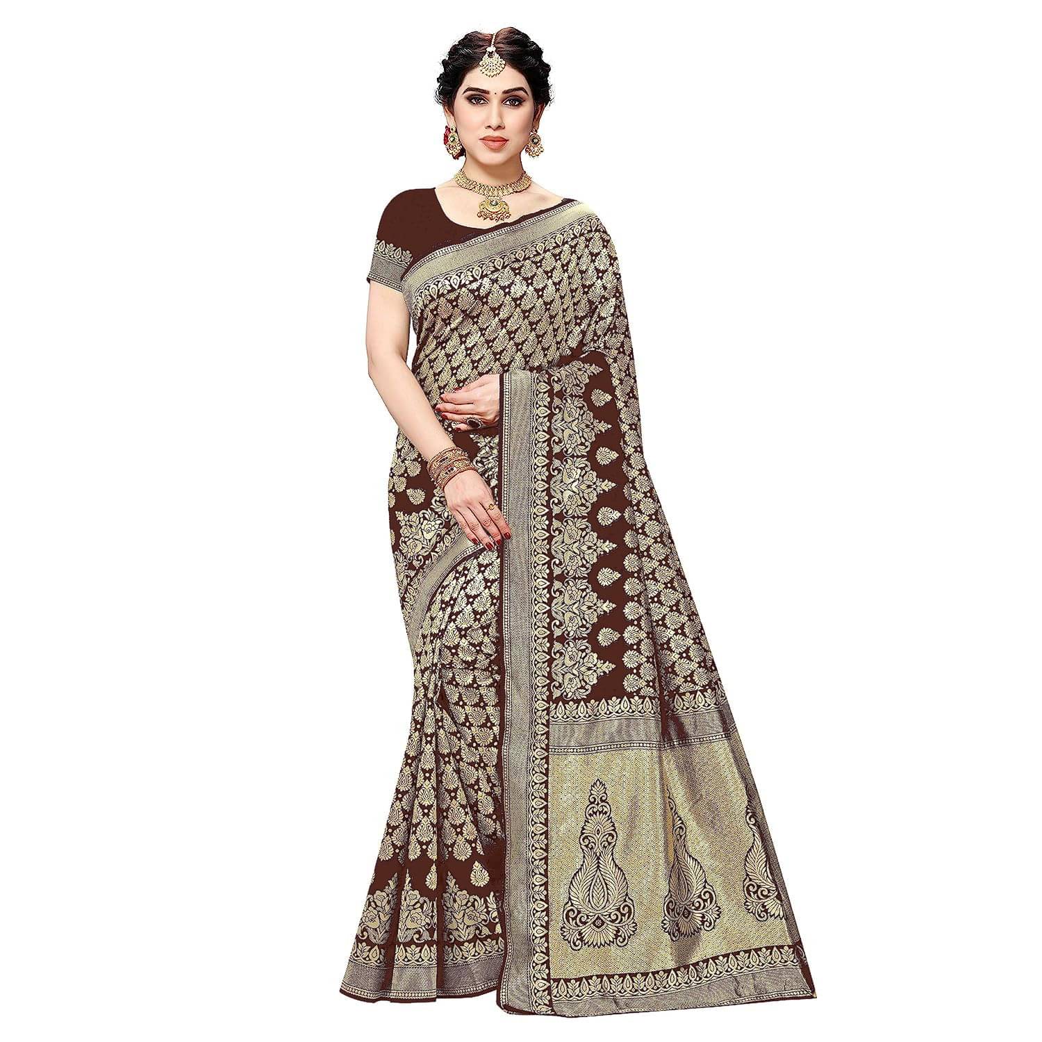     			Yashika Banarasi Silk Printed Saree With Unstitched Blouse Piece ( Brown )