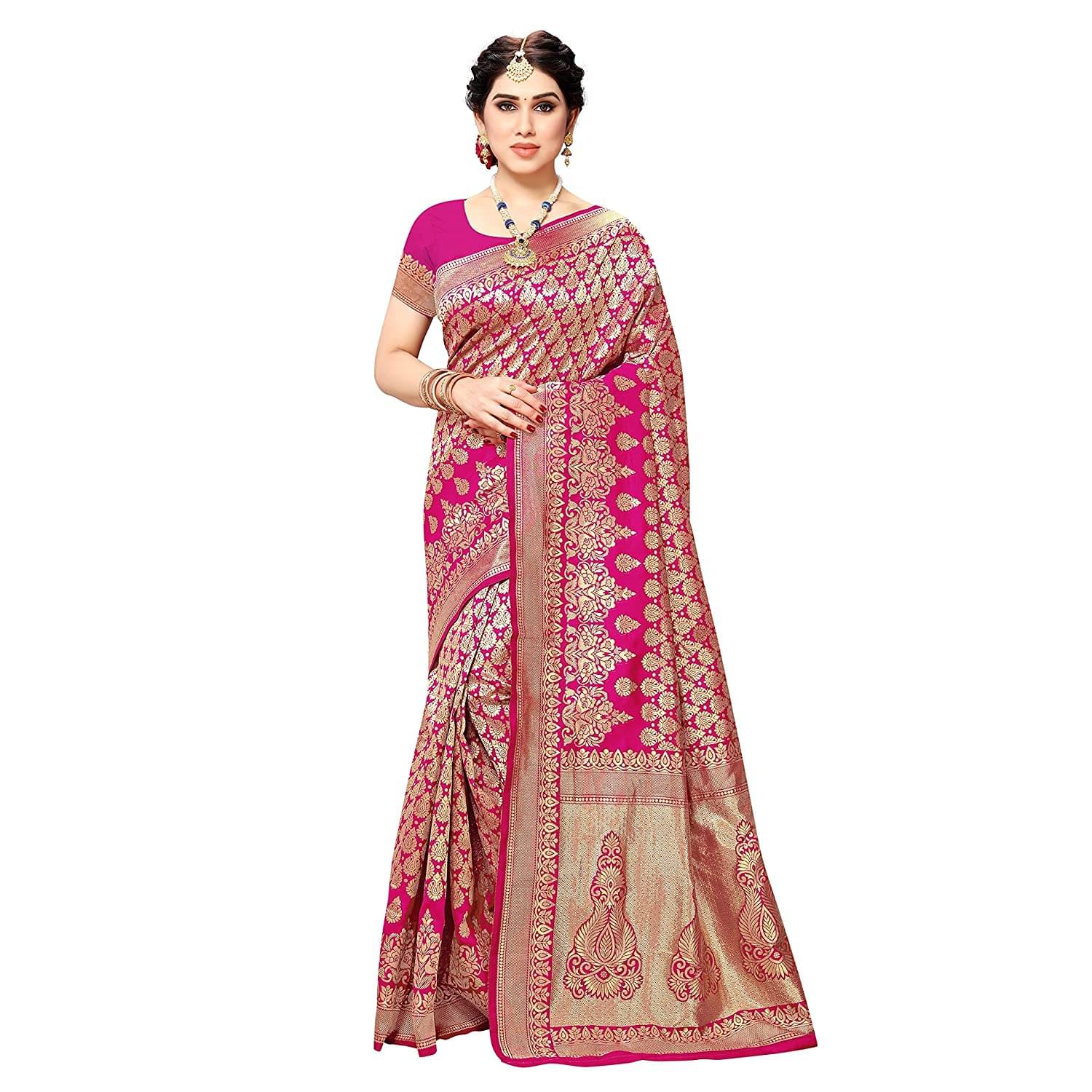     			Yashika Banarasi Silk Printed Saree With Unstitched Blouse Piece ( Pink )