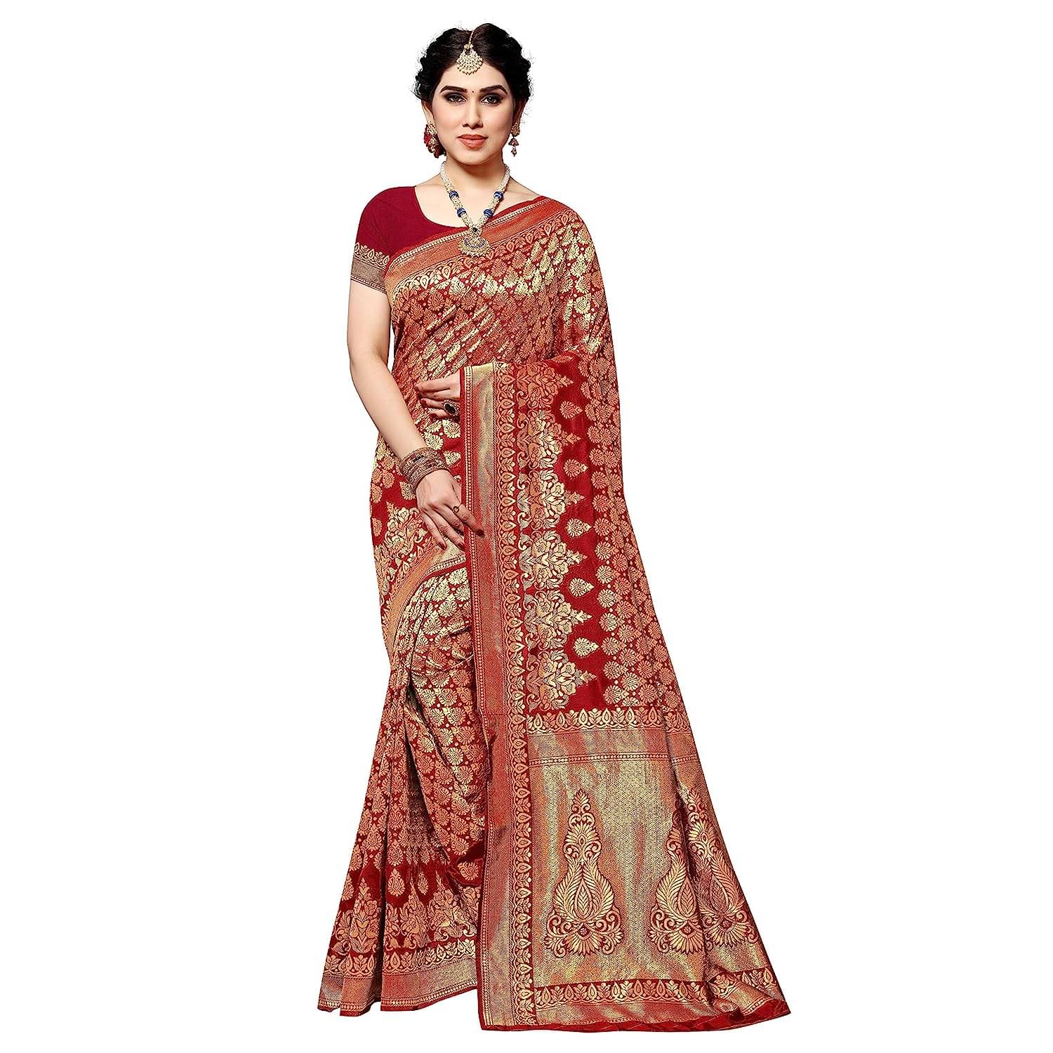     			Yashika Banarasi Silk Printed Saree With Unstitched Blouse Piece ( Red )
