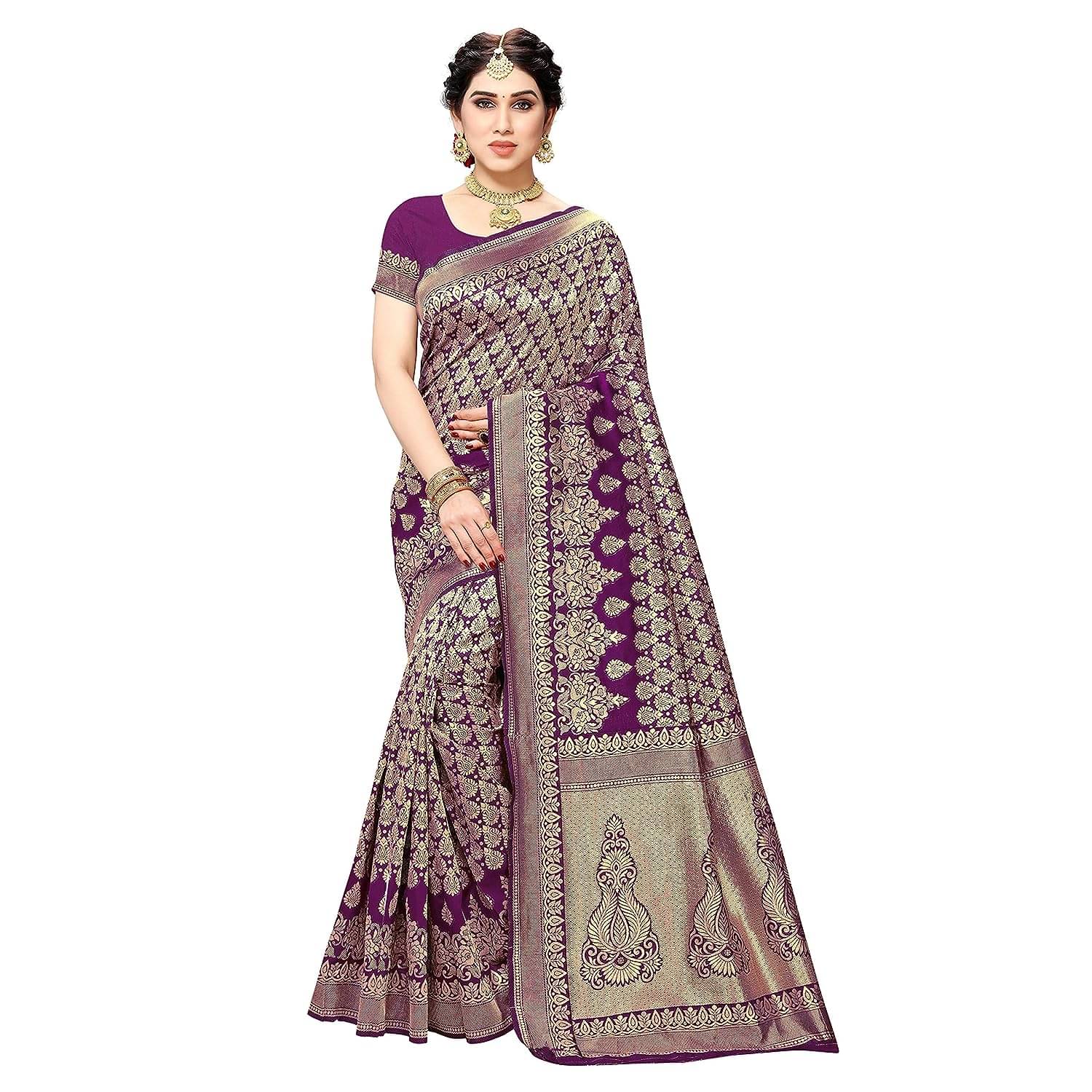     			Yashika Banarasi Silk Printed Saree With Unstitched Blouse Piece ( Purple )
