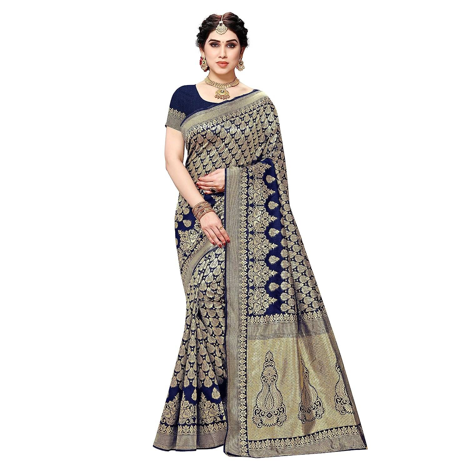     			Yashika Banarasi Silk Printed Saree With Unstitched Blouse Piece ( Navy Blue )