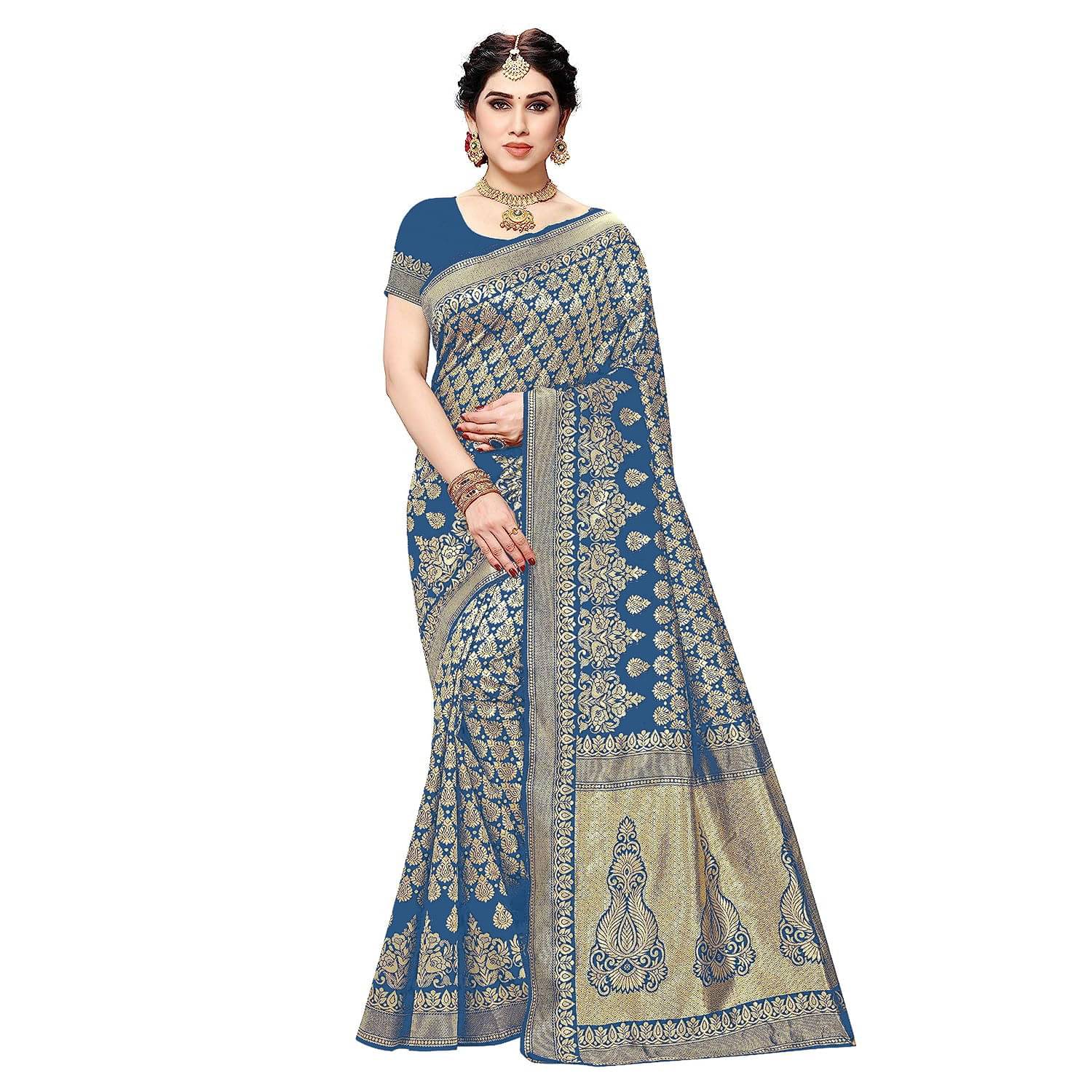 Yashika Banarasi Silk Printed Saree With Unstitched Blouse Piece ( Rama )     			Yashika Banarasi Silk Printed Saree With Unstitched Blouse Piece ( Rama )