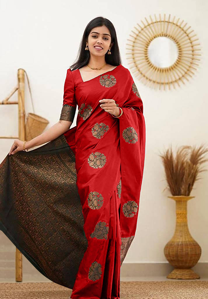 Yashika Banarasi Silk Printed Saree With Unstitched Blouse Piece ( Red ) Yashika Banarasi Silk Printed Saree With Unstitched Blouse Piece ( Red )