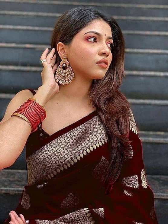 Yashika Banarasi Silk Printed Saree With Unstitched Blouse Piece ( Maroon ) - Sarees | Buy online on ZillyBuy