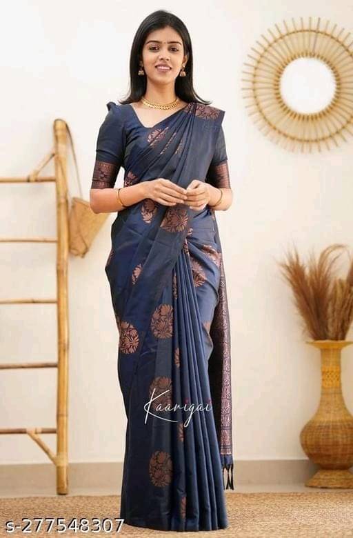     			Yashika Banarasi Silk Printed Saree With Unstitched Blouse Piece ( Navy Blue )