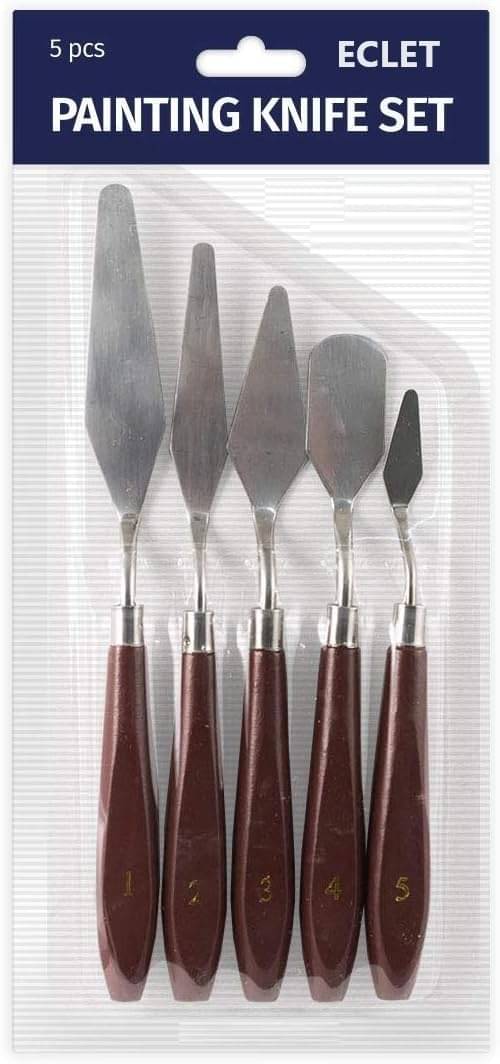 ECLET Palette Painting Knives - Set of 5 Various Sizes & Shapes, Stainless Steel Scraper Spatula with Polished Brown Handle for Artist Canvas Oil Paint Mixing Colour(C) ECLET Palette Painting Knives - Set of 5 Various Sizes & Shapes, Stainless Steel Scraper Spatula with Polished Brown Handle for Artist Canvas Oil Paint Mixing Colour(C)
