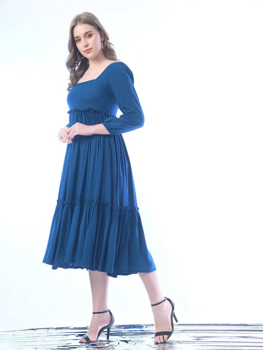 JASH CREATION Polyester Solid Midi Women's Fit & Flare Dress - Blue ( Pack of 1 ) JASH CREATION Polyester Solid Midi Women's Fit & Flare Dress - Blue ( Pack of 1 )