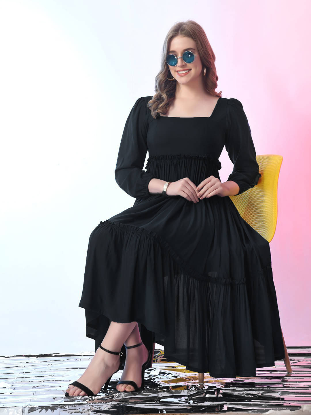 JASH CREATION Polyester Solid Midi Women's Fit & Flare Dress - Black ( Pack of 1 ) JASH CREATION Polyester Solid Midi Women's Fit & Flare Dress - Black ( Pack of 1 )