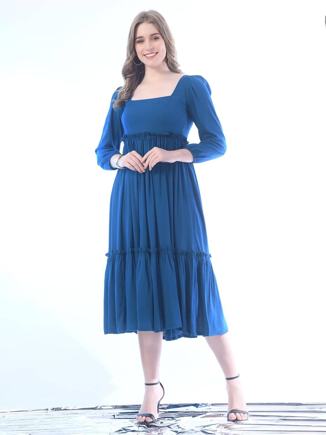 JASH CREATION Polyester Solid Midi Women's Fit & Flare Dress - Blue ( Pack of 1 ) JASH CREATION Polyester Solid Midi Women's Fit & Flare Dress - Blue ( Pack of 1 )