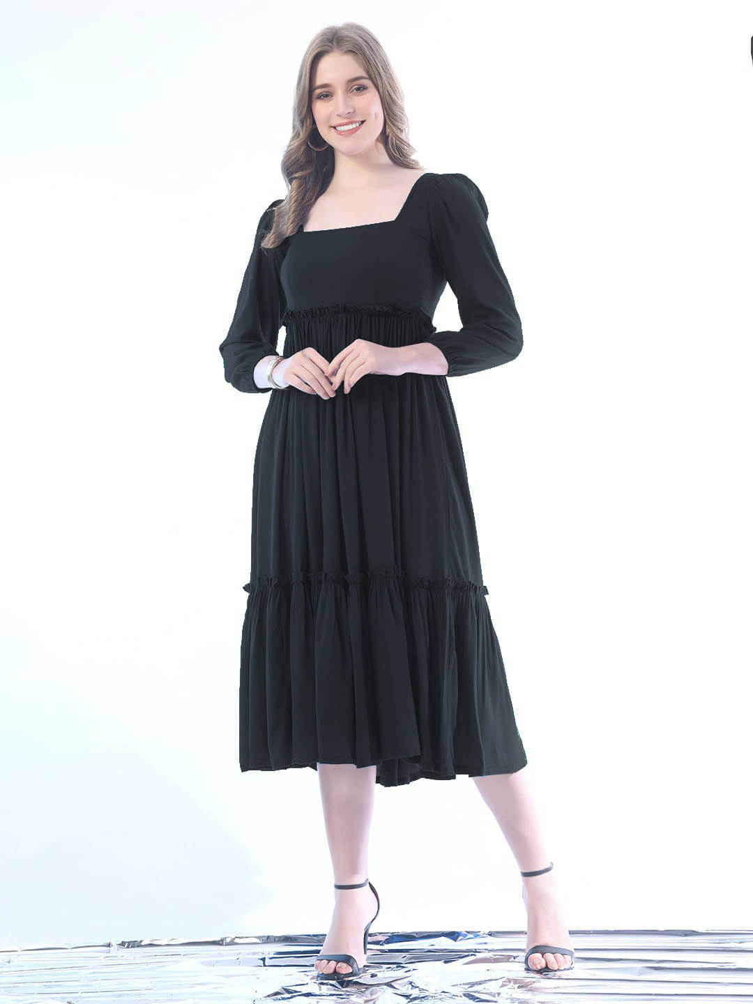 JASH CREATION Polyester Solid Midi Women's Fit & Flare Dress - Black ( Pack of 1 ) JASH CREATION Polyester Solid Midi Women's Fit & Flare Dress - Black ( Pack of 1 )