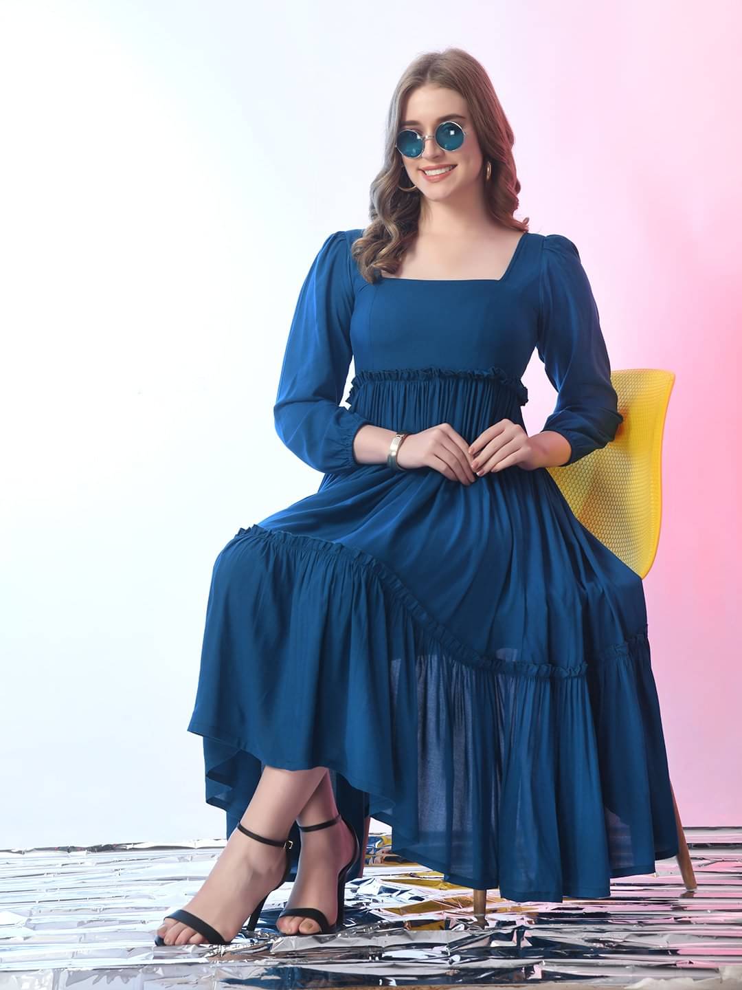 JASH CREATION Polyester Solid Midi Women's Fit & Flare Dress - Blue ( Pack of 1 ) JASH CREATION Polyester Solid Midi Women's Fit & Flare Dress - Blue ( Pack of 1 )