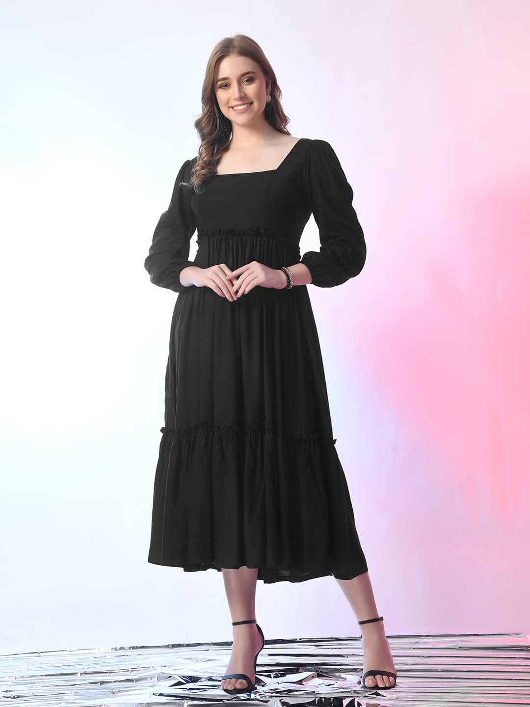 Krunal Raiyani Polyester Solid Midi Women's Fit & Flare Dress - Black ( Pack of 1 ) Krunal Raiyani Polyester Solid Midi Women's Fit & Flare Dress - Black ( Pack of 1 )