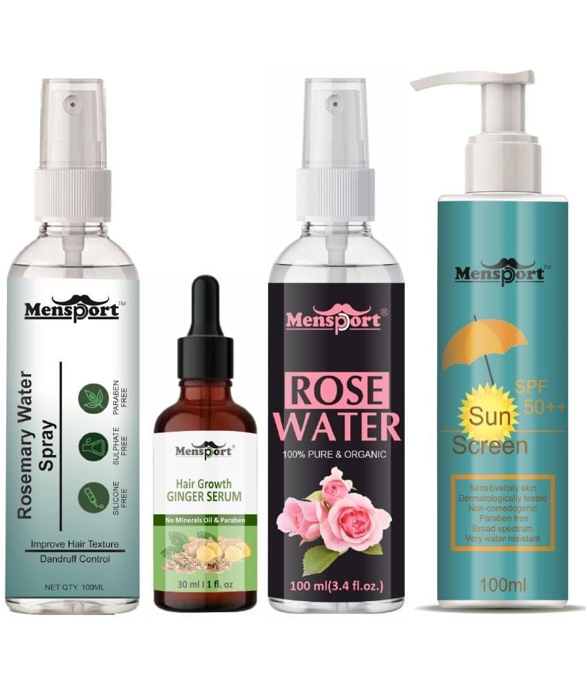 Mensport Rosemary Water | Hair Spray For Hair Regrowth 100ml, Hair Growth Ginger Serum 30ml, Natural Rose Water 100ml & SPF 50++ Sunscreen 100ml - Set of 4 Items Mensport Rosemary Water | Hair Spray For Hair Regrowth 100ml, Hair Growth Ginger Serum 30ml, Natural Rose Water 100ml & SPF 50++ Sunscreen 100ml - Set of 4 Items