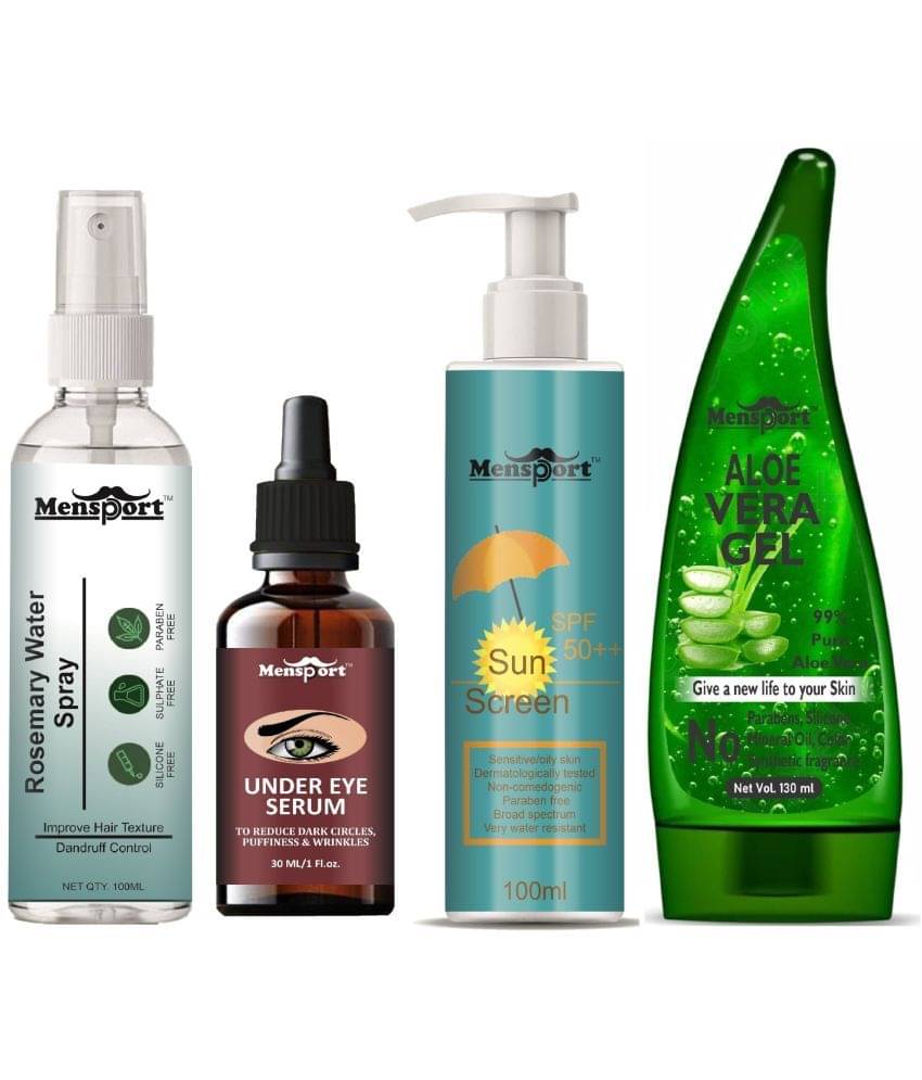 Mensport Rosemary Water | Hair Spray For Hair Regrowth 100ml, Under Eye Serum (Dark Circle Remover) 30ml, SPF 50++ Sunscreen 100ml & Natural Aloe Vera Gel 130ml - Set of 4 Items Mensport Rosemary Water | Hair Spray For Hair Regrowth 100ml, Under Eye Serum (Dark Circle Remover) 30ml, SPF 50++ Sunscreen 100ml & Natural Aloe Vera Gel 130ml - Set of 4 Items