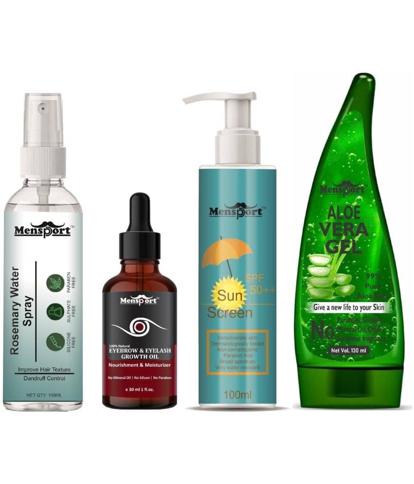     			Mensport Rosemary Water | Hair Spray For Hair Regrowth 100ml, Eyebrow And Eyelash Growth Oil 30ml, SPF 50++ Sunscreen 100ml & Natural Aloe Vera Gel 130ml - Set of 4 Items