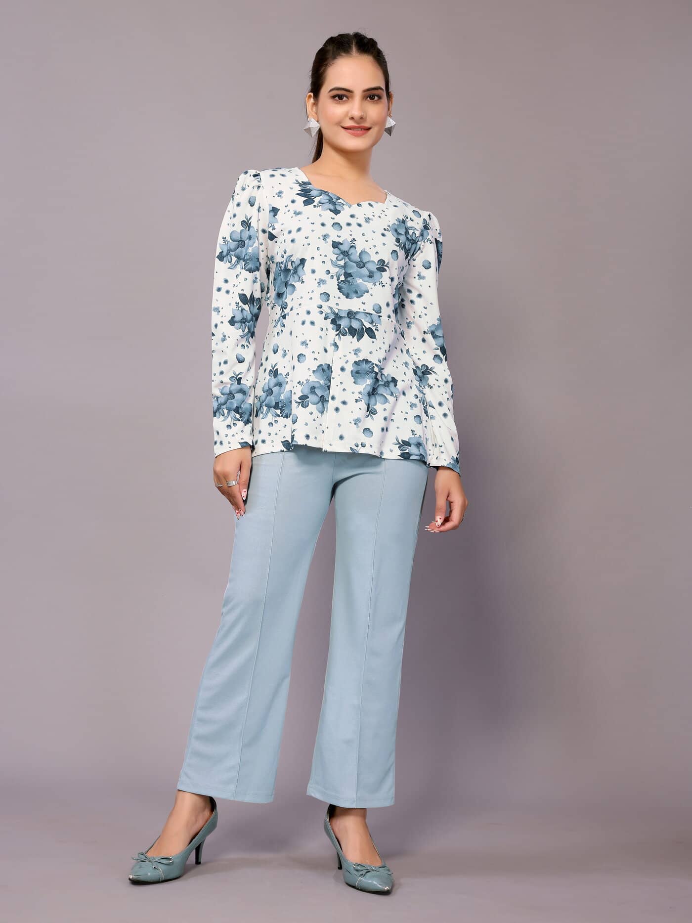 NightBlue Women Printed Top With Trousers Co-Ord Set ( Blue )