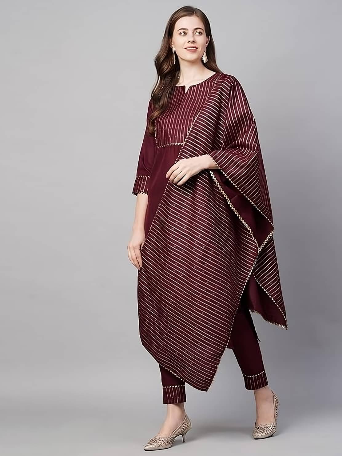Parastri Cotton Blend Striped Kurti With Pants Women's Stitched Salwar Suit - Maroon ( Pack of 1 ) Parastri Cotton Blend Striped Kurti With Pants Women's Stitched Salwar Suit - Maroon ( Pack of 1 )
