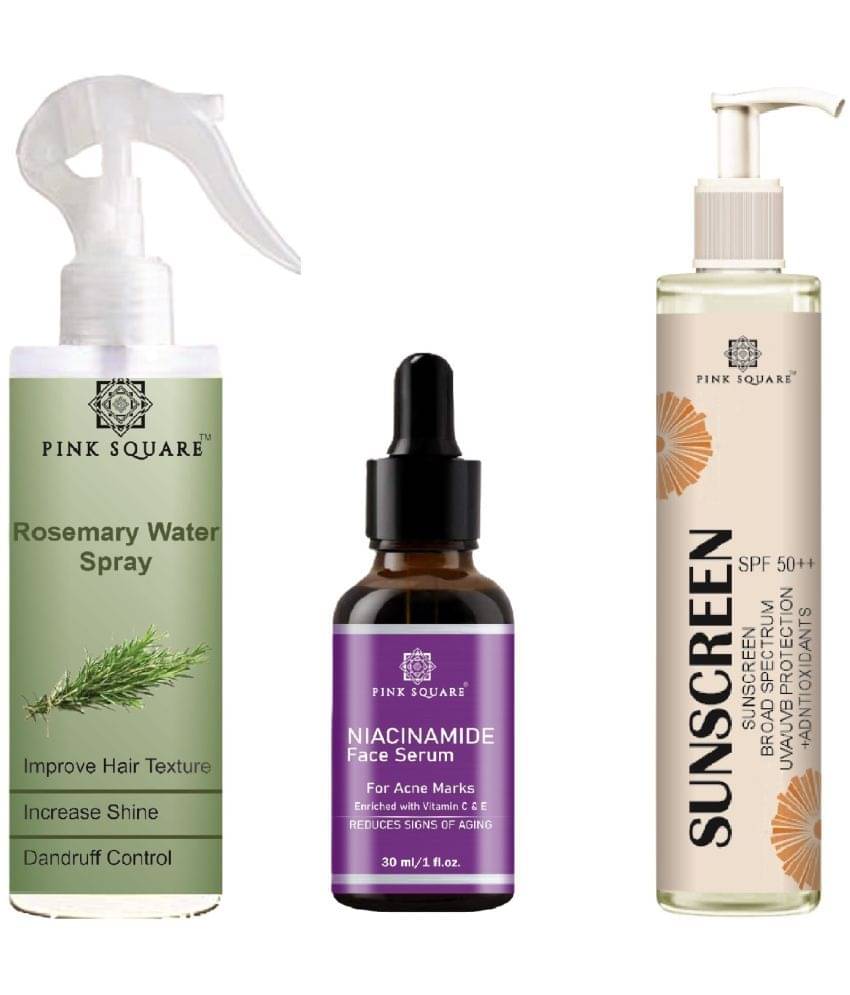 Rosemary water Hair Spray for Hair Regrowth (100ml), Niacinamide Face Serum for Acne Marks (30ml) & Sunscreen SPF 50 (100ml) Combo of 3     			Rosemary water Hair Spray for Hair Regrowth (100ml), Niacinamide Face Serum for Acne Marks (30ml) & Sunscreen SPF 50 (100ml) Combo of 3