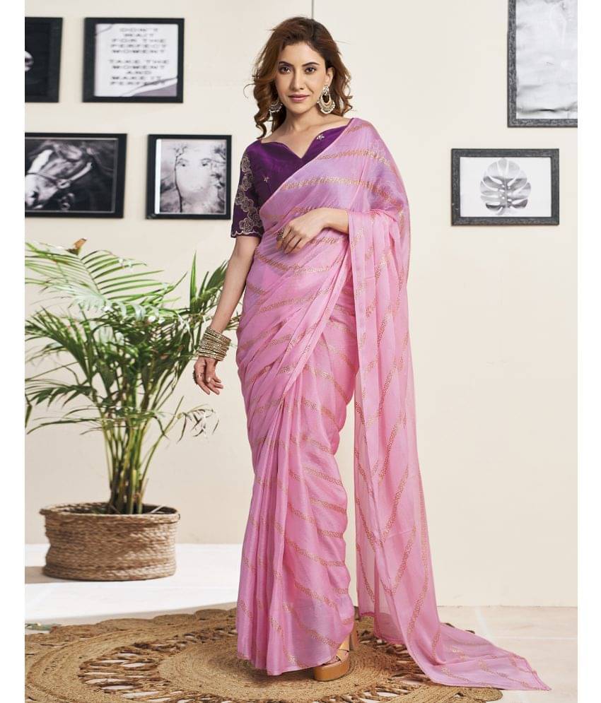     			Samah Chiffon Striped Saree With Unstitched Blouse Piece ( Pink )