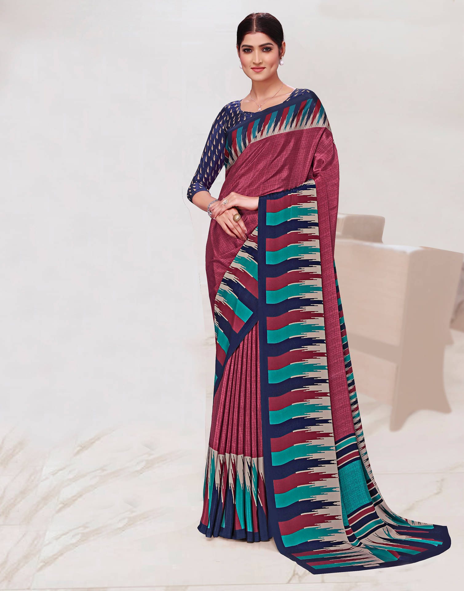     			Samah Crepe Printed Saree With Unstitched Blouse Piece ( Pink )