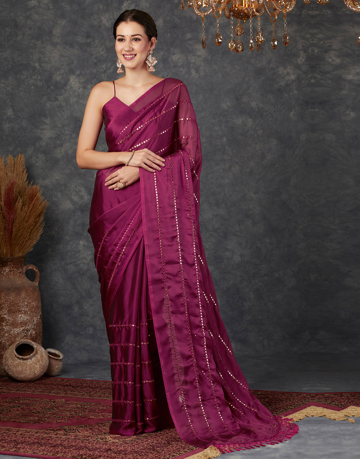 Samah Georgette Embellished Saree With Unstitched Blouse Piece ( Magenta ) - Sarees | Buy online on ZillyBuy