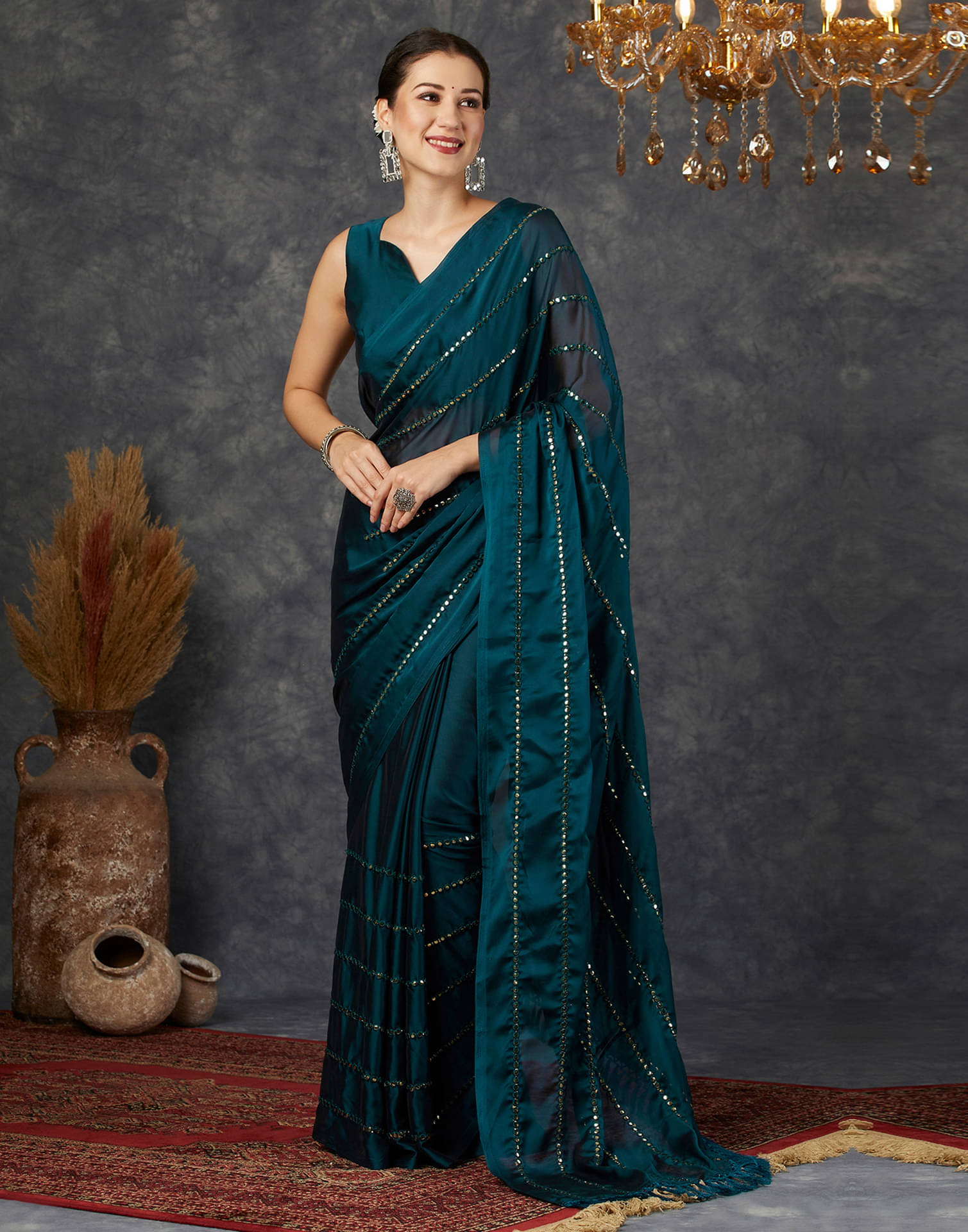 Samah Georgette Embellished Saree With Unstitched Blouse Piece ( Rama ) Samah Georgette Embellished Saree With Unstitched Blouse Piece ( Rama )