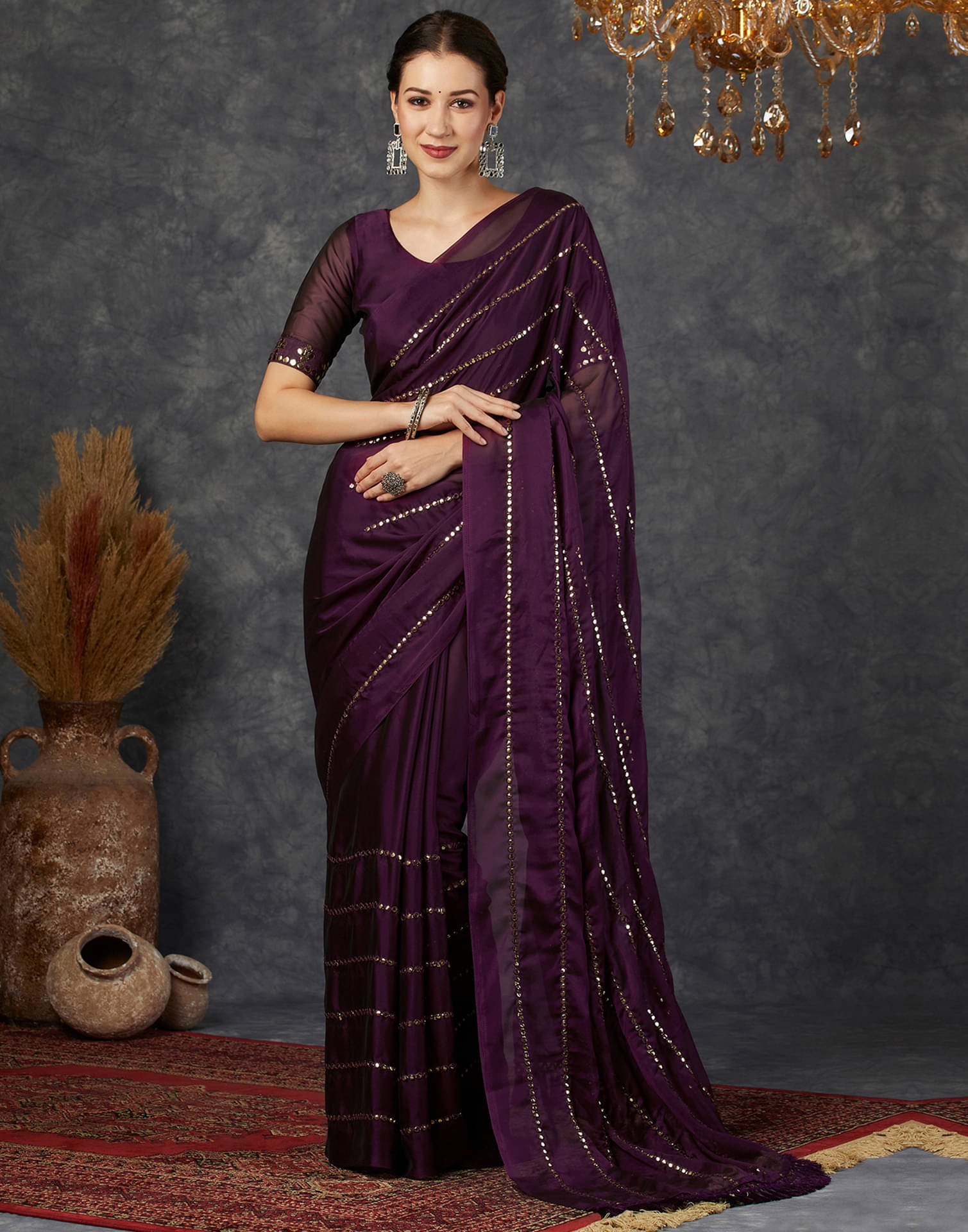     			Samah Georgette Embellished Saree With Unstitched Blouse Piece ( Wine )