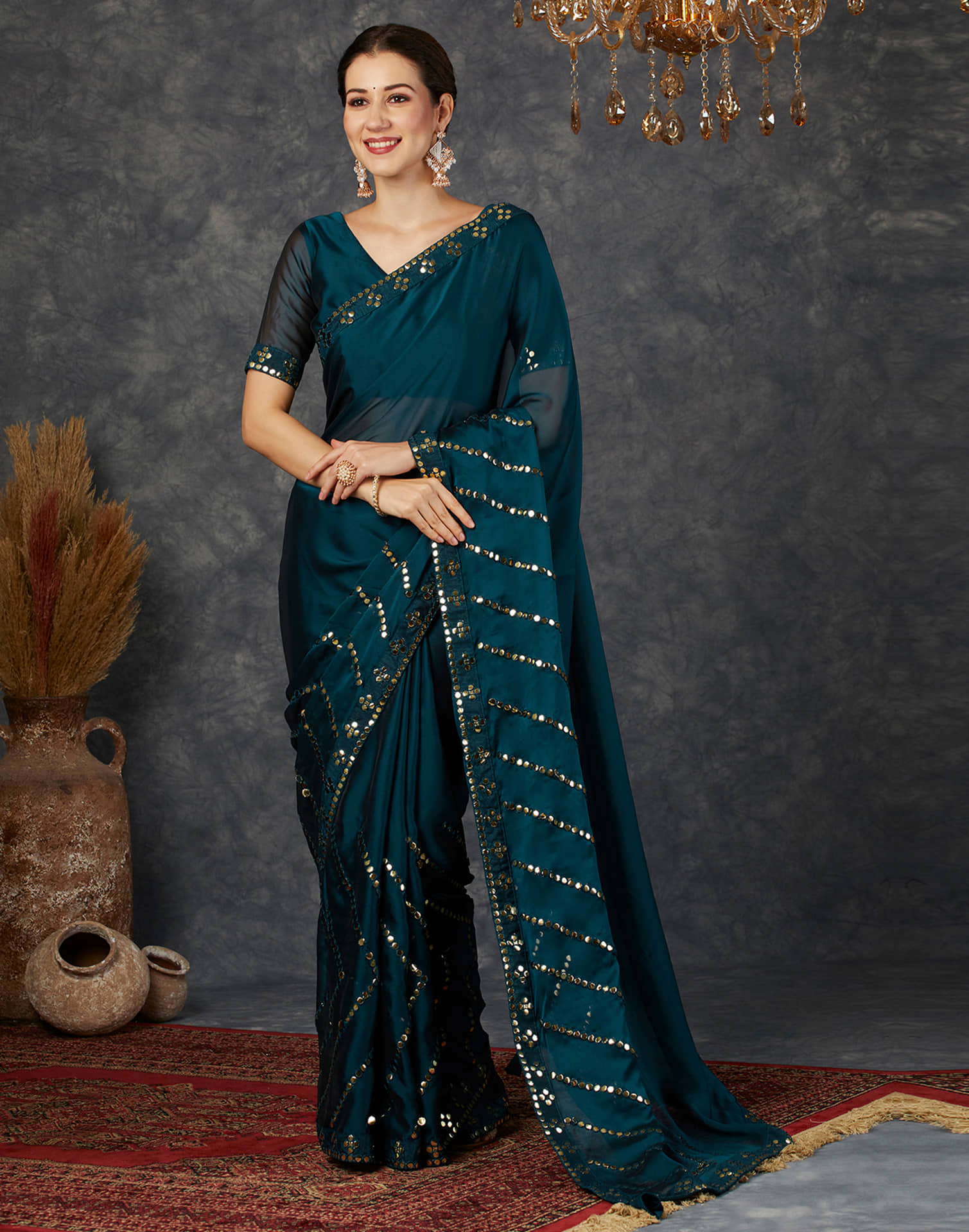 Samah Georgette Embellished Saree With Unstitched Blouse Piece ( Rama ) - Sarees | Buy online on ZillyBuy
