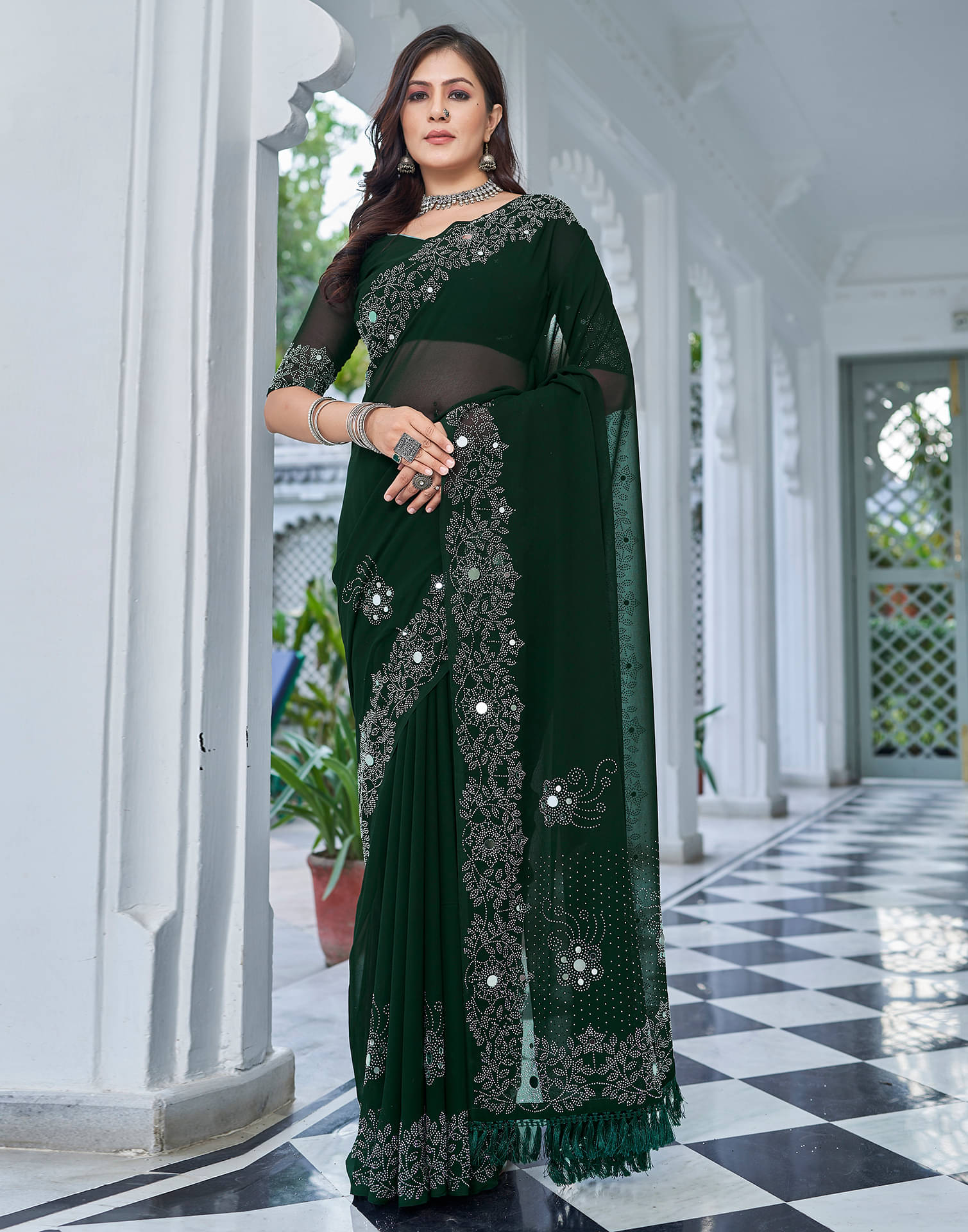 Samah Georgette Embellished Saree With Unstitched Blouse Piece ( Green ) Samah Georgette Embellished Saree With Unstitched Blouse Piece ( Green )