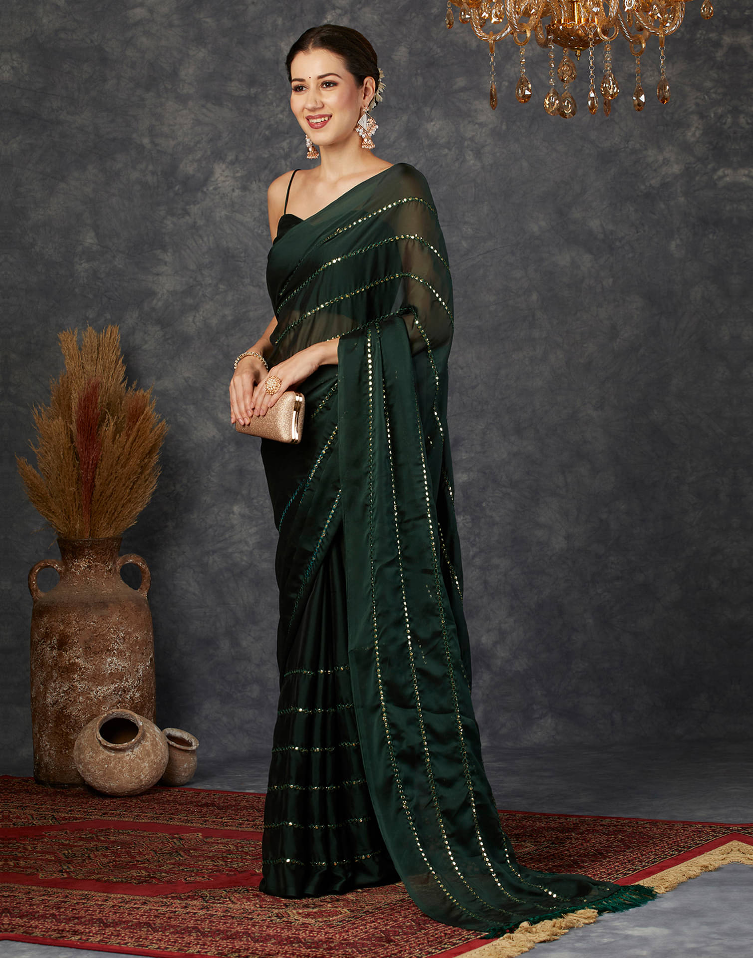     			Samah Georgette Embellished Saree With Unstitched Blouse Piece ( Green )