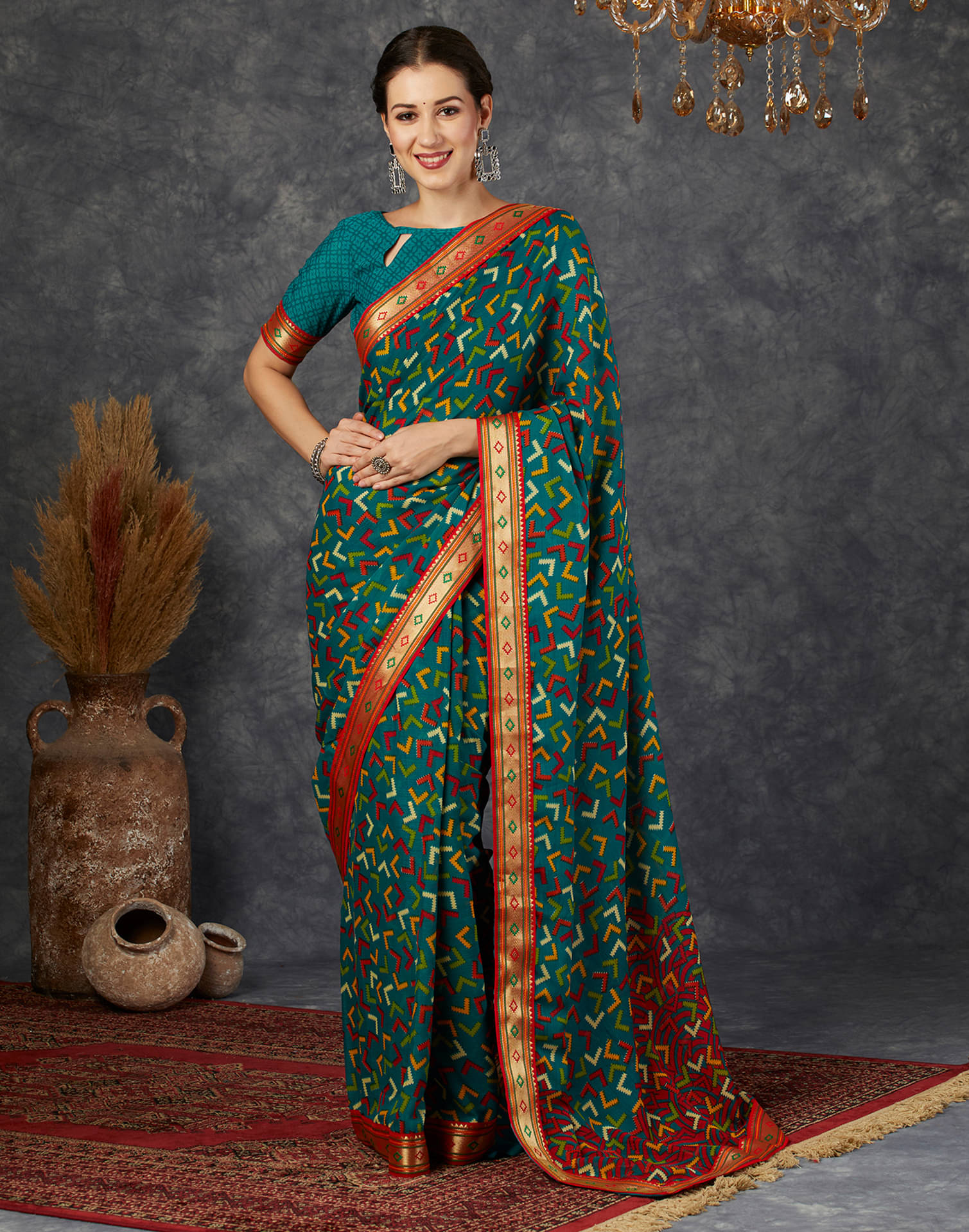Samah Georgette Printed Saree With Unstitched Blouse Piece ( Teal ) Samah Georgette Printed Saree With Unstitched Blouse Piece ( Teal )