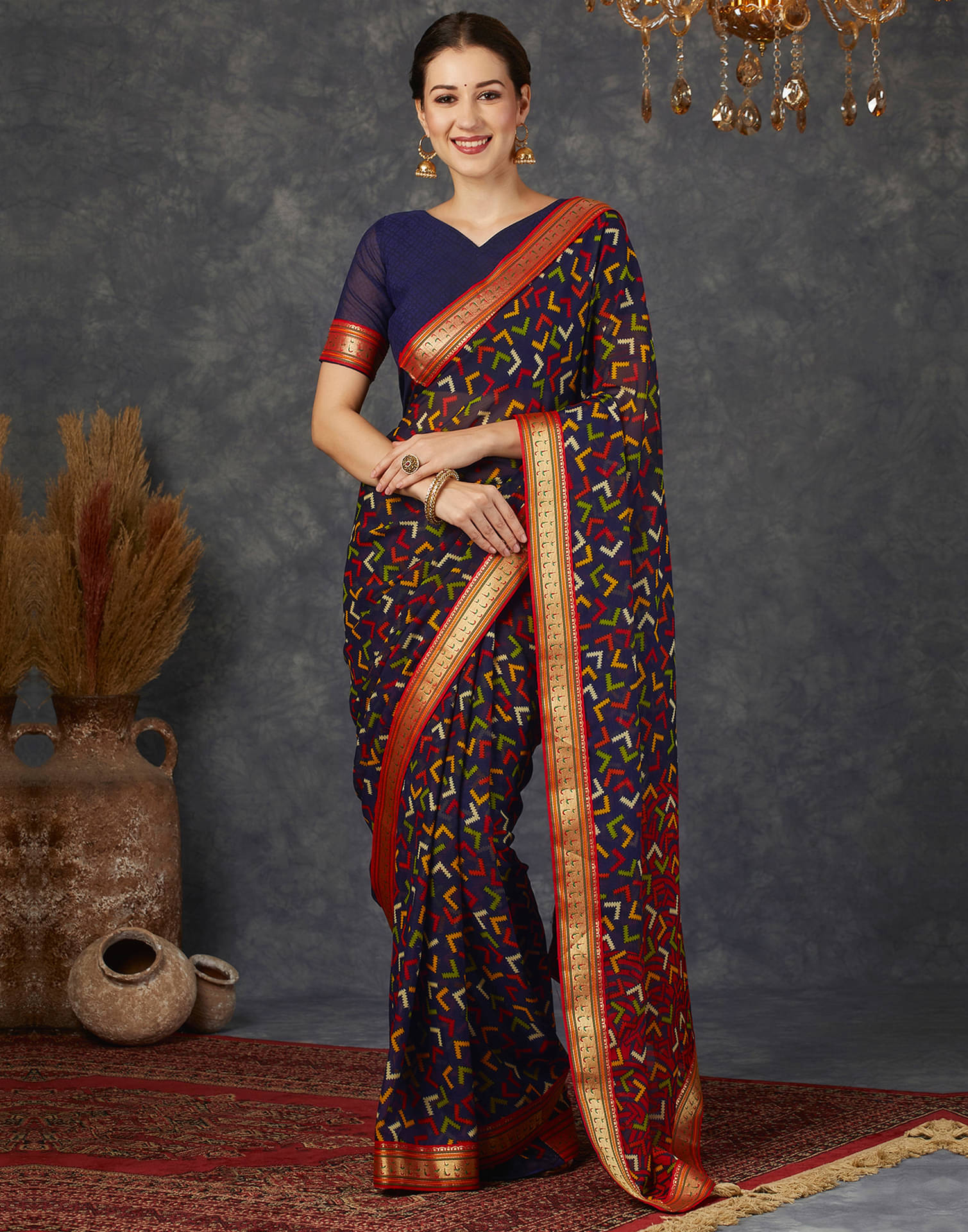     			Samah Georgette Printed Saree With Unstitched Blouse Piece ( Navy Blue )