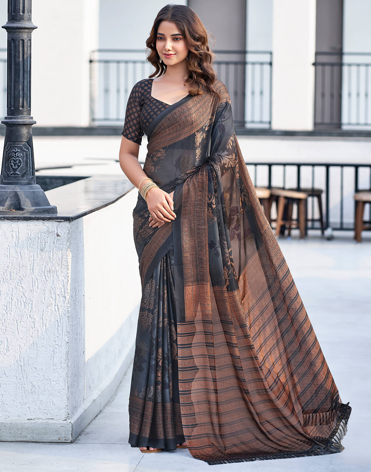Samah Georgette Printed Saree With Unstitched Blouse Piece ( Brown ) Samah Georgette Printed Saree With Unstitched Blouse Piece ( Brown )