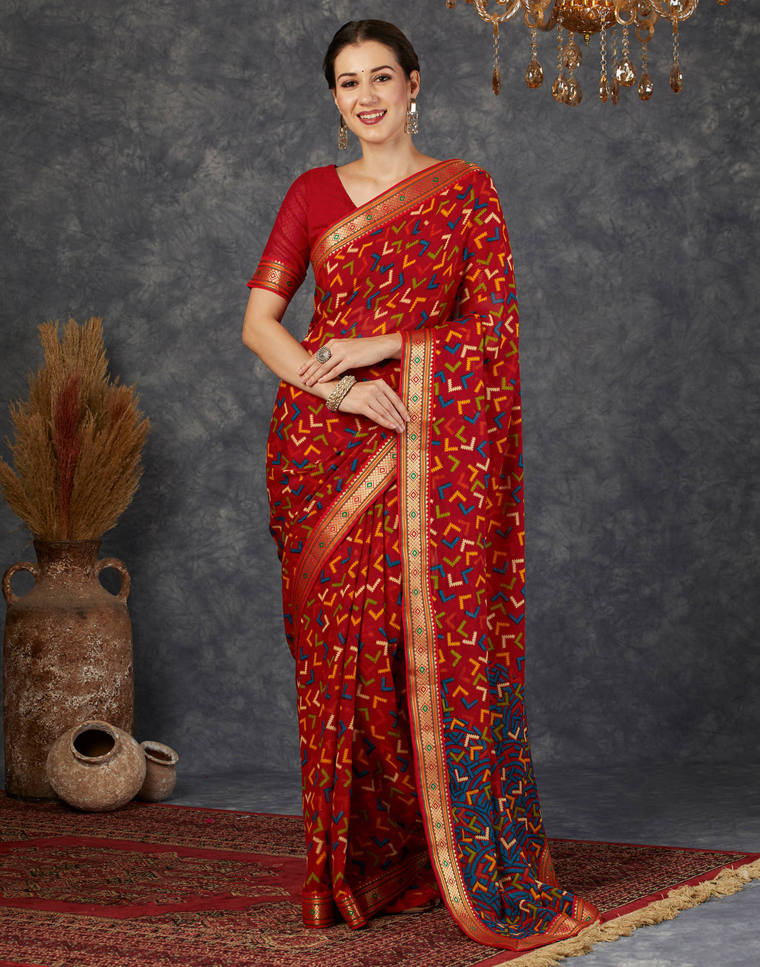 Samah Georgette Printed Saree With Unstitched Blouse Piece ( Red ) Samah Georgette Printed Saree With Unstitched Blouse Piece ( Red )