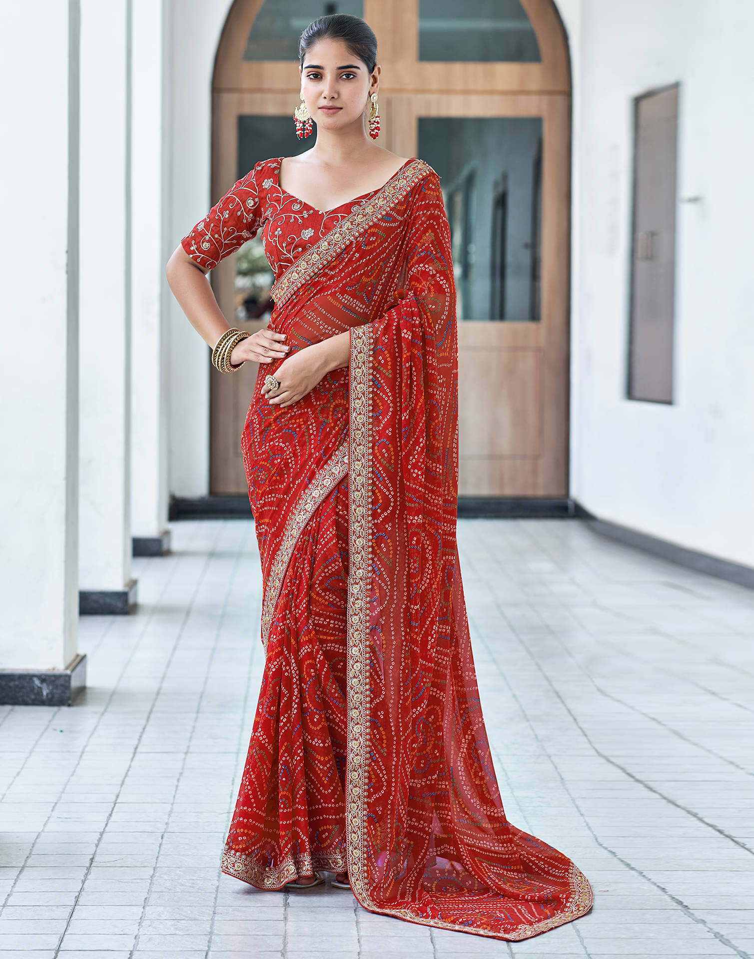     			Samah Georgette Printed Saree With Unstitched Blouse Piece ( Red )