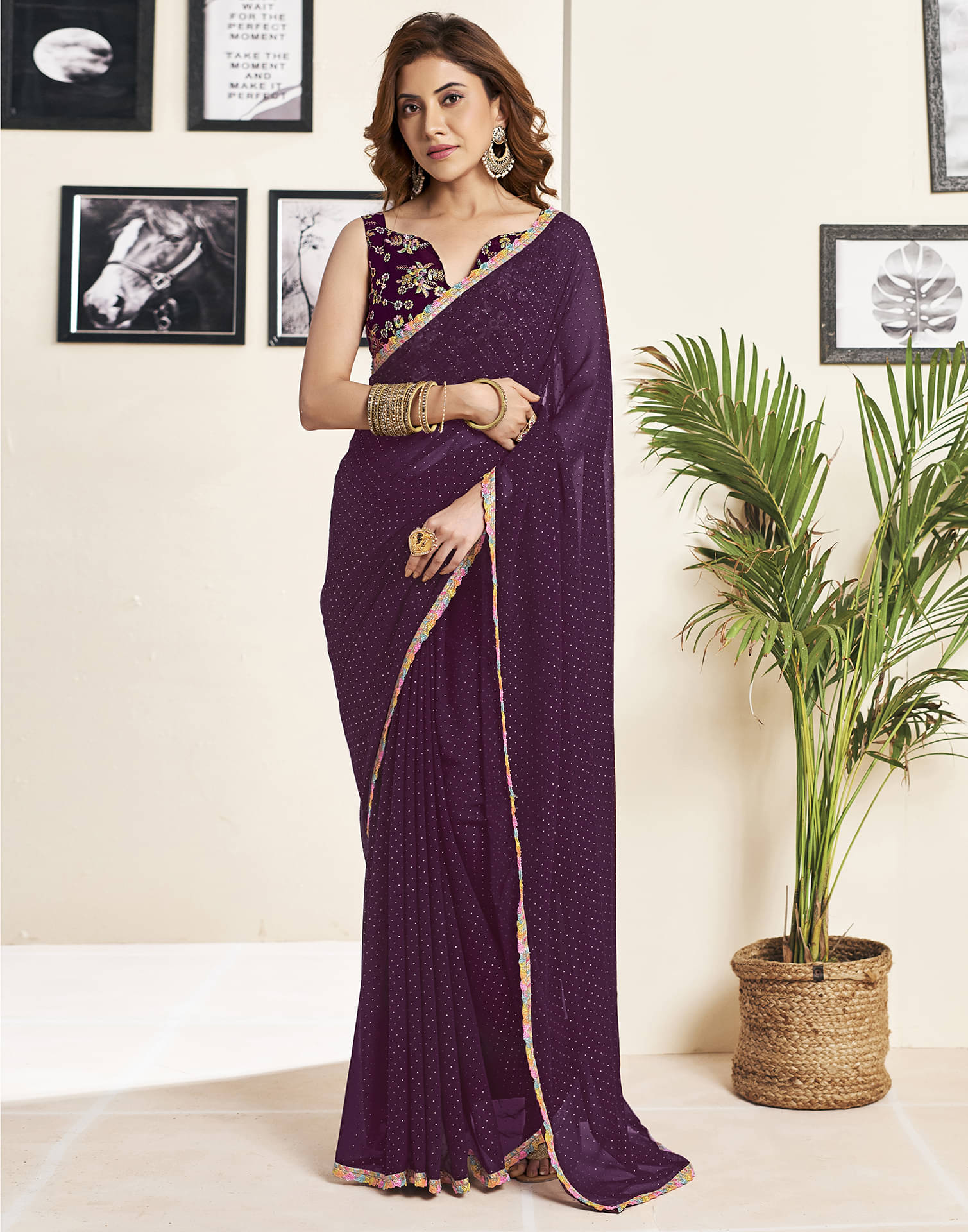     			Samah Georgette Self Design Saree With Unstitched Blouse Piece ( Wine )