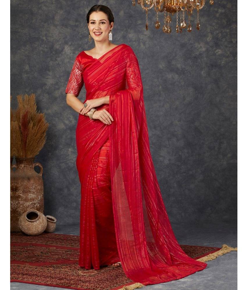 Samah Georgette Striped Saree With Unstitched Blouse Piece ( Red ) Samah Georgette Striped Saree With Unstitched Blouse Piece ( Red )