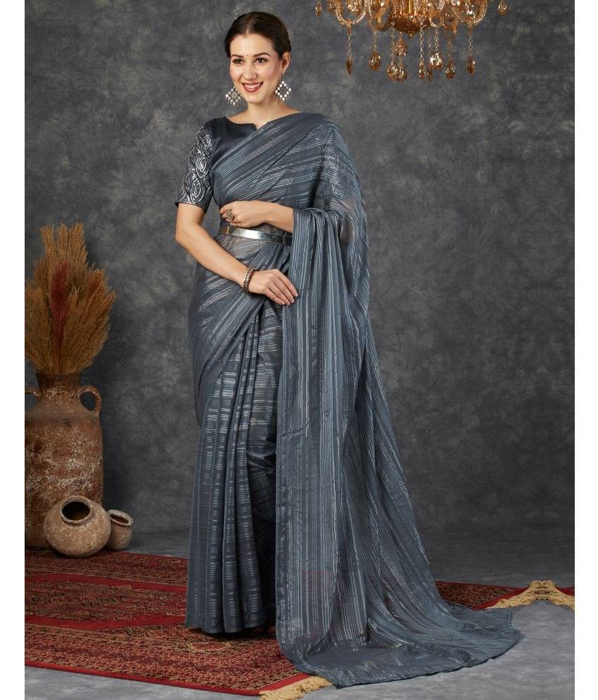     			Samah Georgette Striped Saree With Unstitched Blouse Piece ( Dark Grey )
